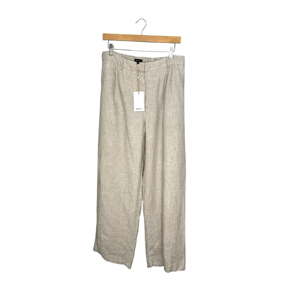 Quince European Linen Flax Trousers Women's  Size 12 Wide Leg Pleated Beige NWT